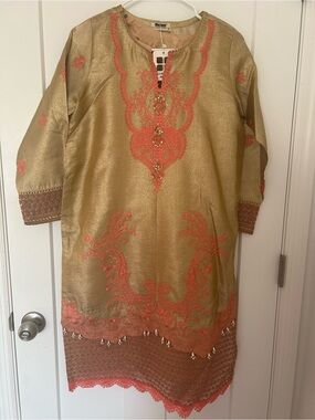 Women Gold Embroidered, fancy, party wear Dress , kurta, kameez.